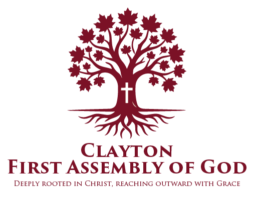 Clayton First Assembly of God logo: a maroon tree with a cross in the trunk, roots visible, and the motto 'Deeply rooted in Christ, reaching outward with Grace'